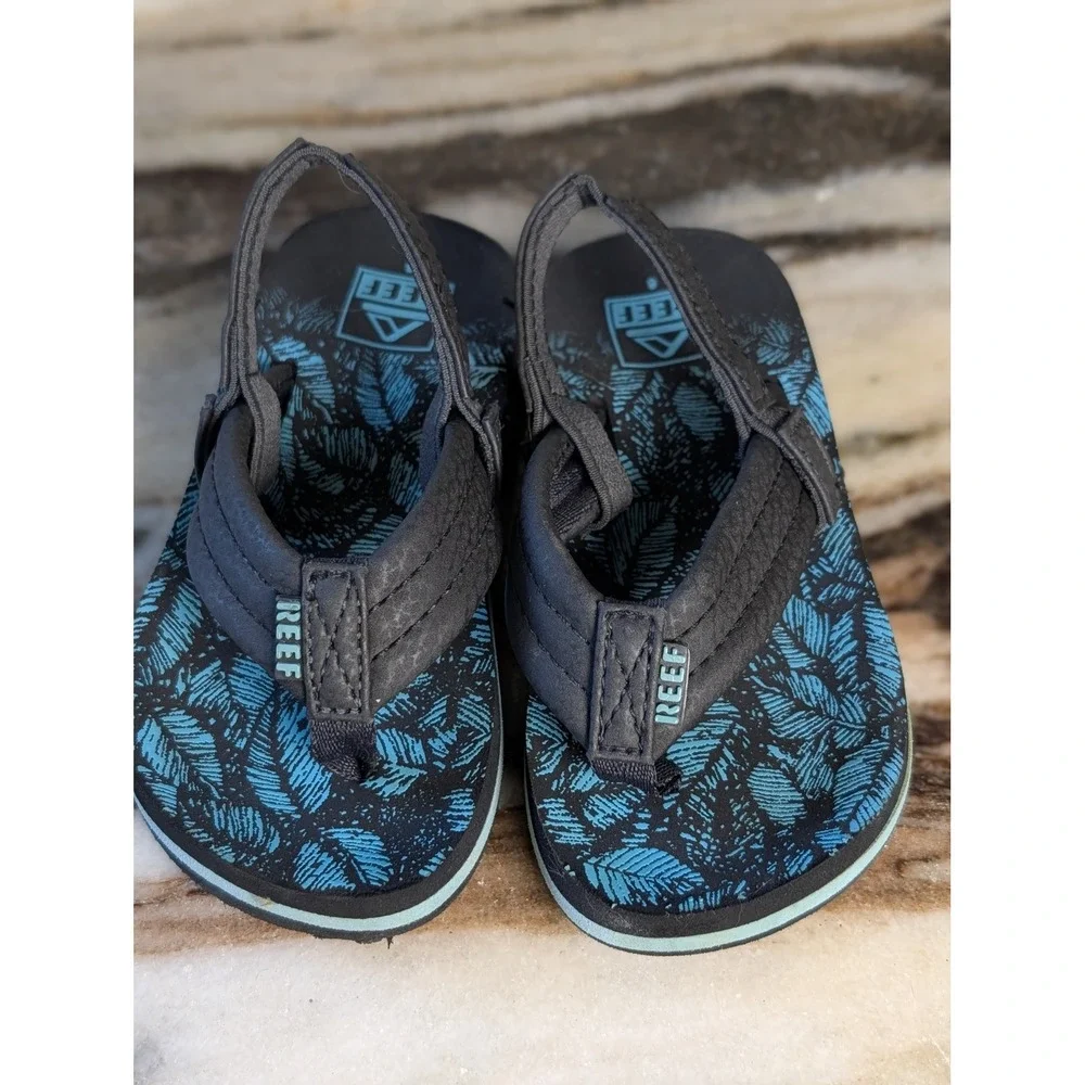 Reef Ahi Infant Sandals Black Blue Palm Leaf Print Flip Flops 6 Elastic Back
